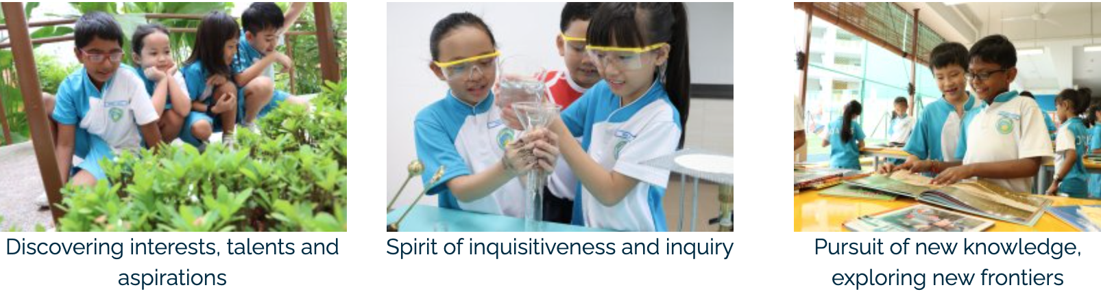 Three panels show students in blue uniforms exploring plants, conducting a science experiment, and reading books indoors.